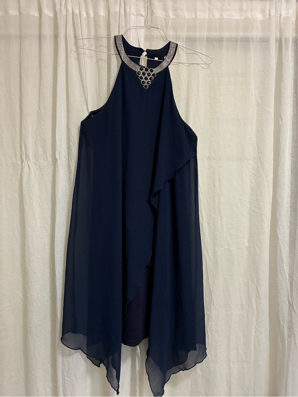 Embellished Navy Asymmetrical Halter Dress